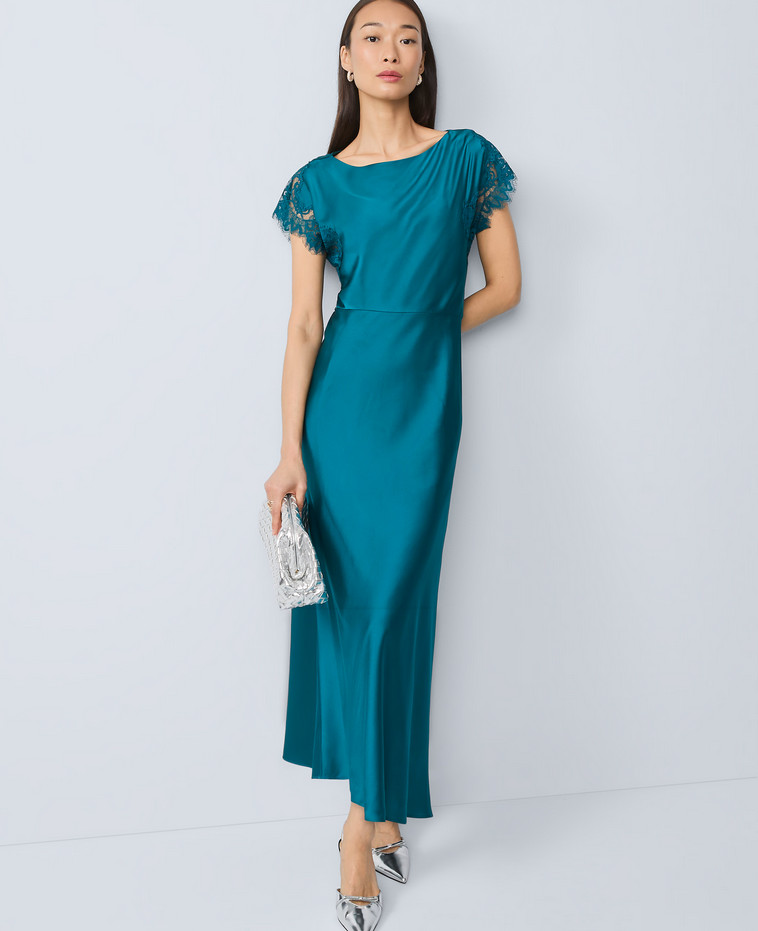 NEW ANN TAYLOR $189 PACIFIC SHORE LACE TRIM SATIN MIDI DRESS SZ 8P 8 PETITE