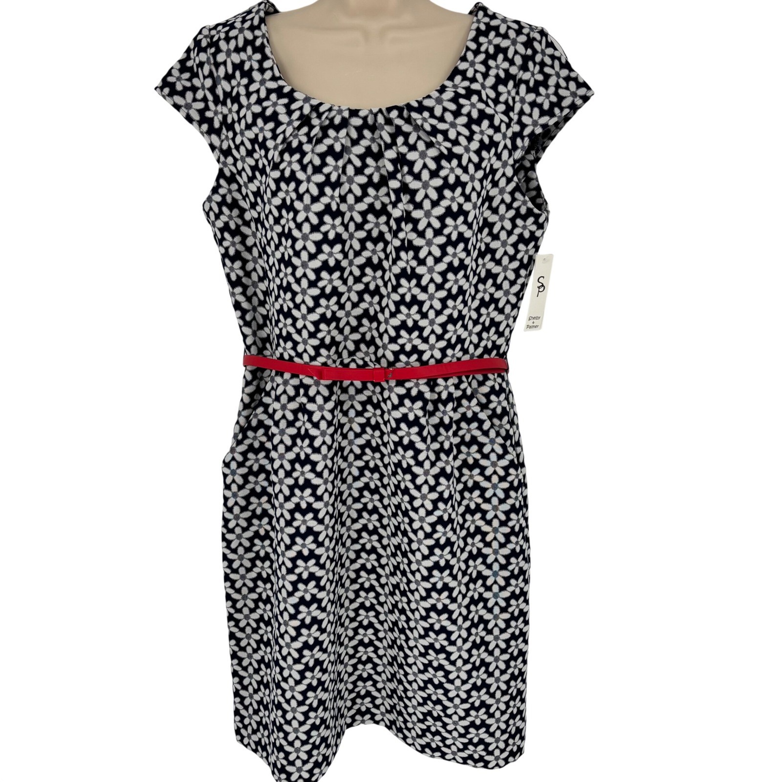 Shelby & Palmer Navy White Floral Sheath Dress with Red Belt Pockets Size 14 NWT