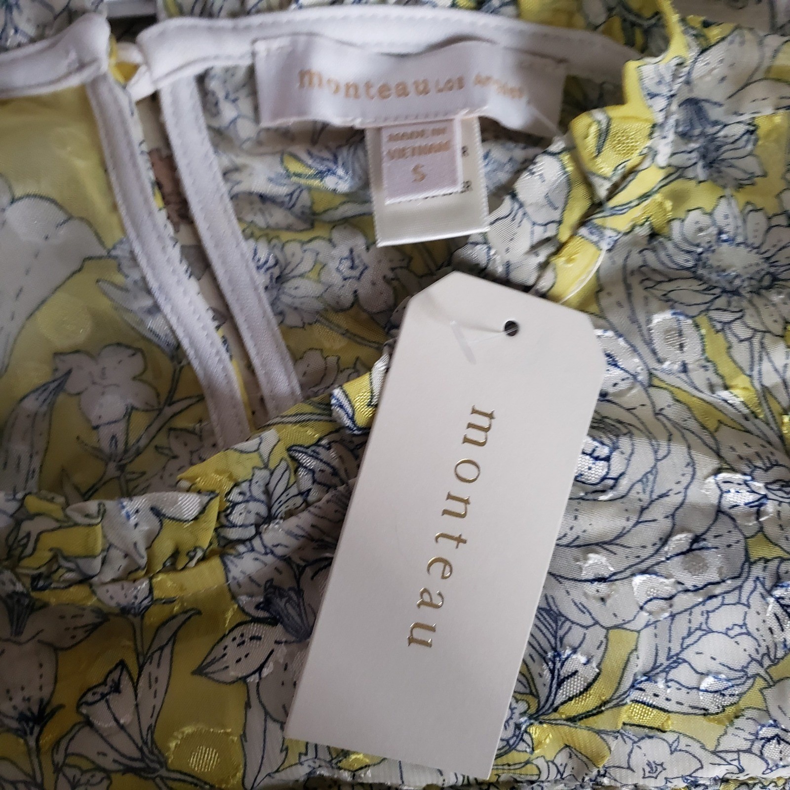 Monteau Rayon Dress Womens Small Yellow Floral Midi Tiered Ruffle Mock Neck