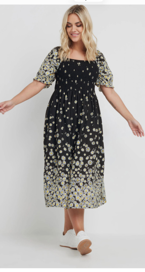 Yours Curve Plus Size 18 Daisy Print Shirred Midi Dress Black Yellow White