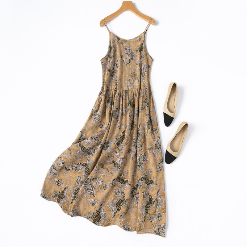 100% Mulberry Silk Women Chemise Brown Printed Long Type Full Slip Dress M1308