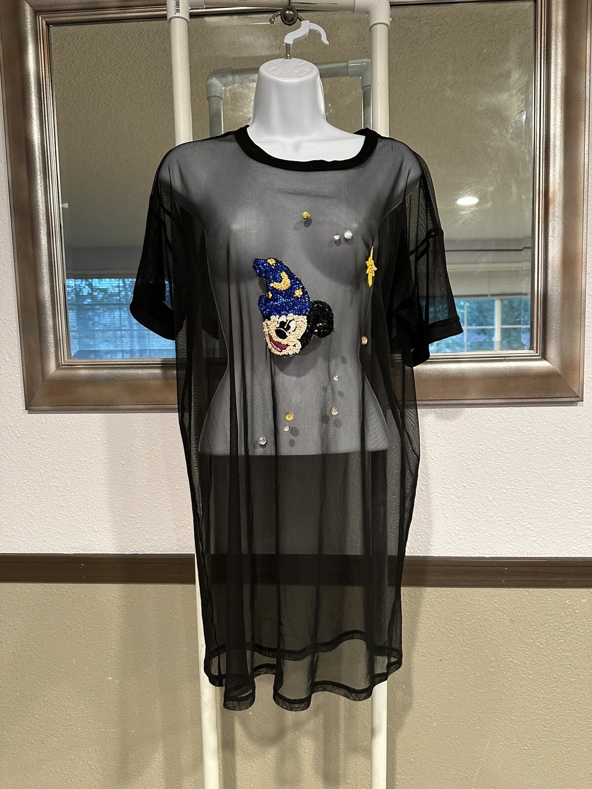 Handmade Sheer Mickey Mouse Dress sz M Black Sequin Sparkly Fantasmic Wizard