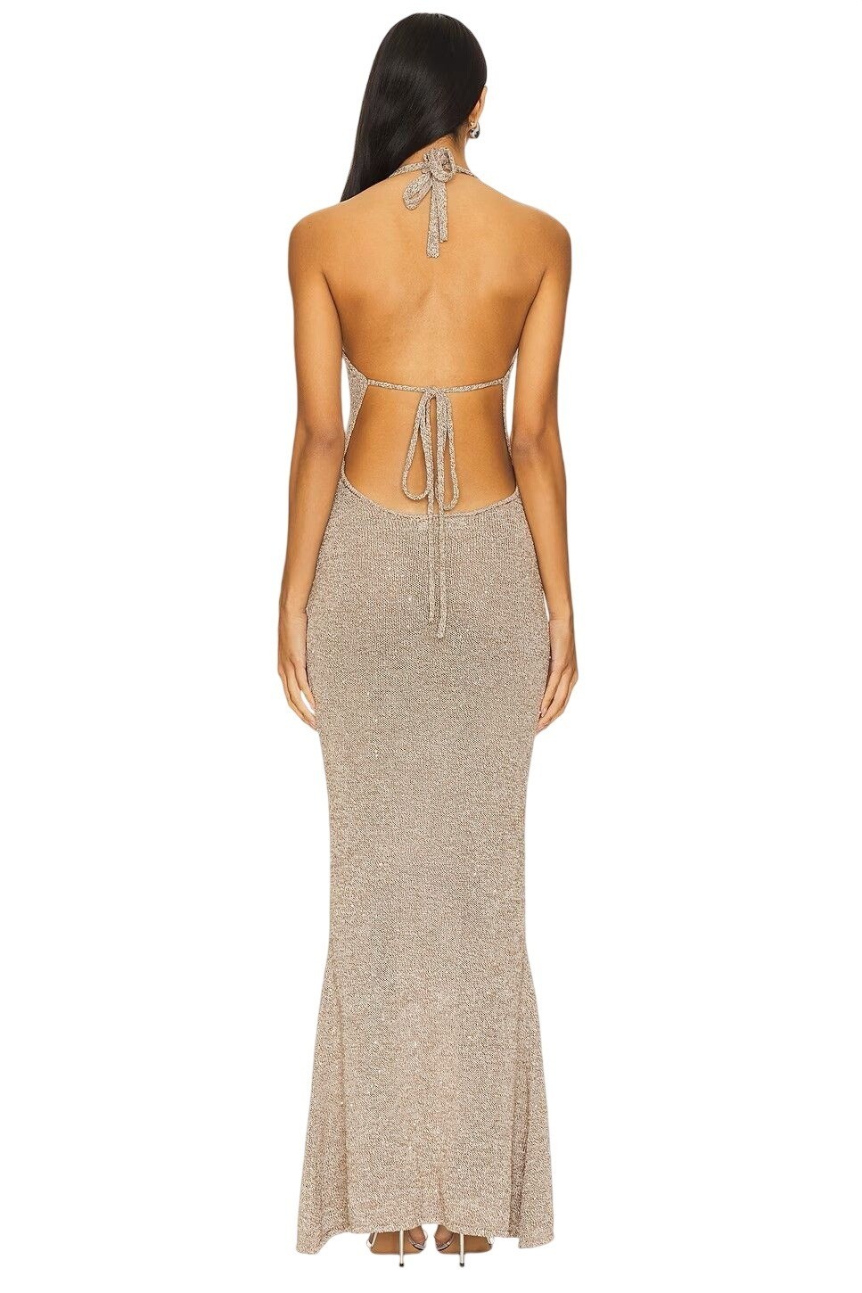 ASTA RESORT Daphne Dress in Hazlenut Sequin Large New Womens Maxi Knit Gown