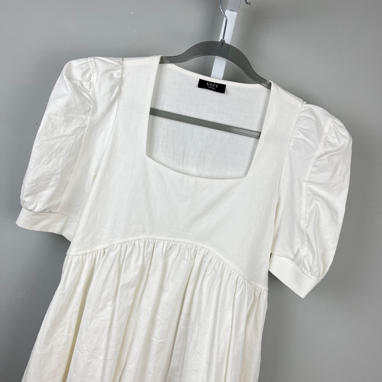 Vici White Mini Dress Womens L Boho Cottagecore Prairie Babydoll Puff Sleeve