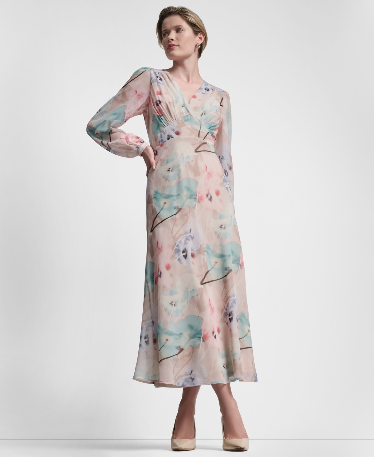 Dkny Women’s V-Neck Fit and Flare Long Dress – Moonlight Multi size 16