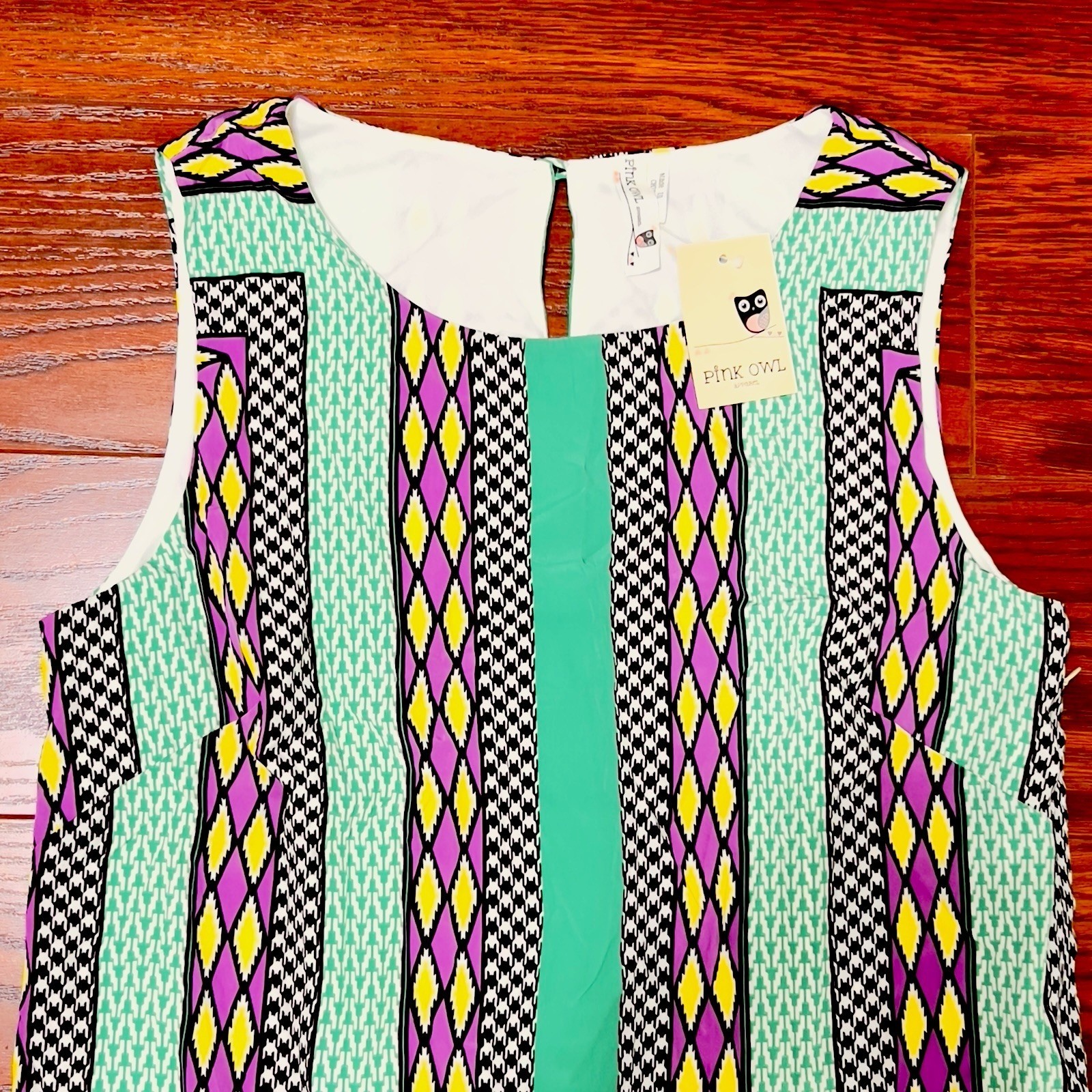 Pink Owl Shift Dress Womens M Green Purple NWT Geometric Houndstooth Sleeveless
