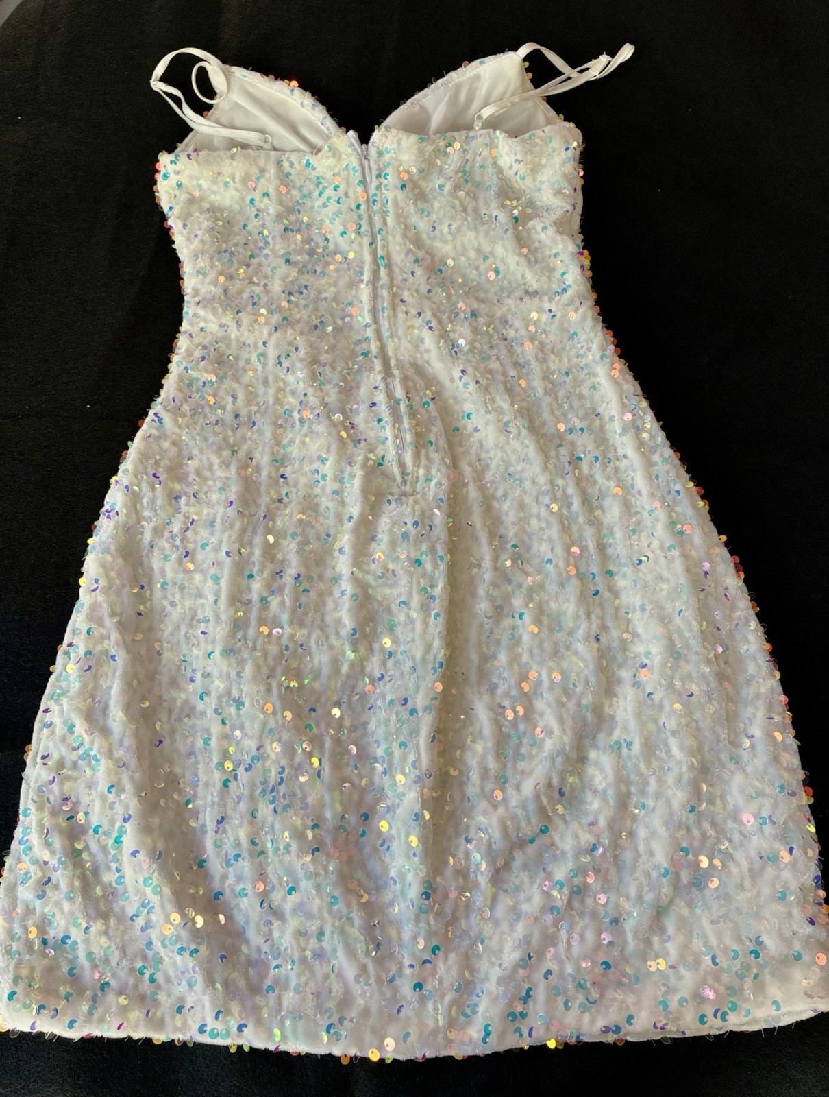 Crystal Doll White Sequin V-Neck Mini Dress Lined Zip Party Size S