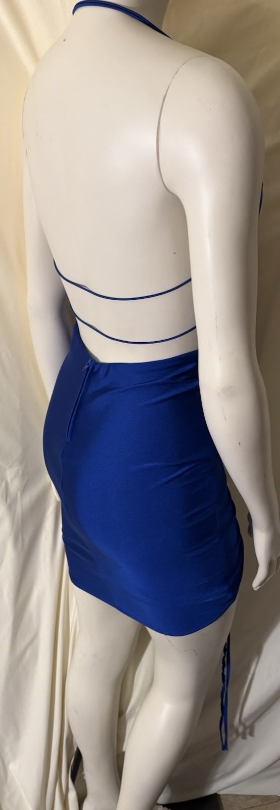 B-Darlin Blue Ruched Strappy Open Back V-Neck Bodycon Mini Dress S