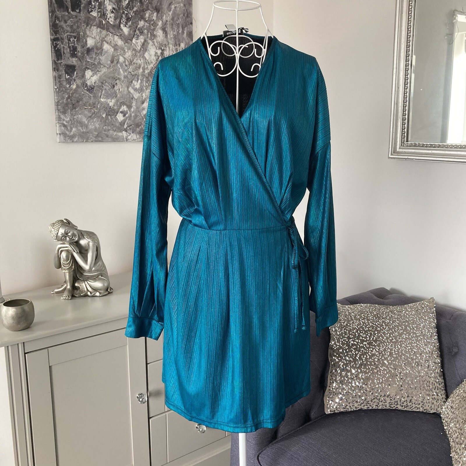 Blue Plisse Shimmery V-Neck Long Balloon Sleeve Tie Waist Wrapover Mini Dress 6
