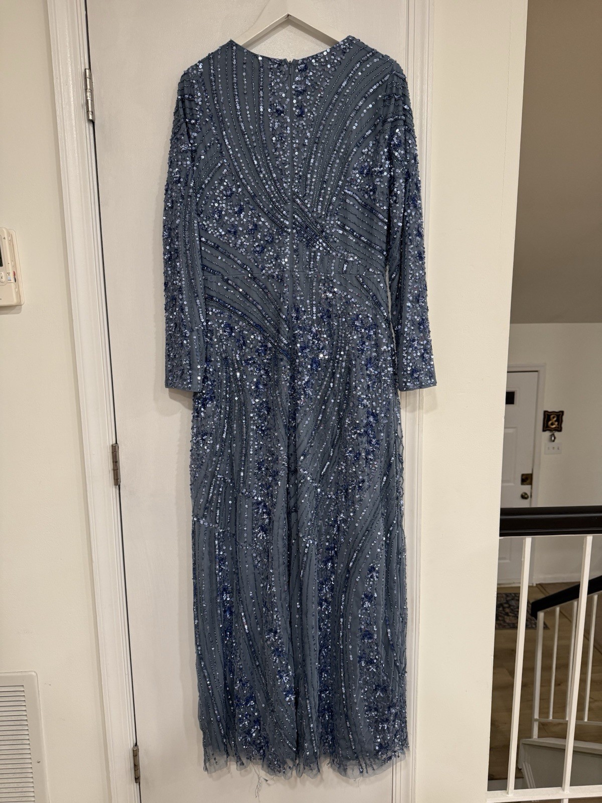 Maryisa Blue Sequin Beaded Mesh Crew Neck Long Sleeve Maxi Formal Dress 12