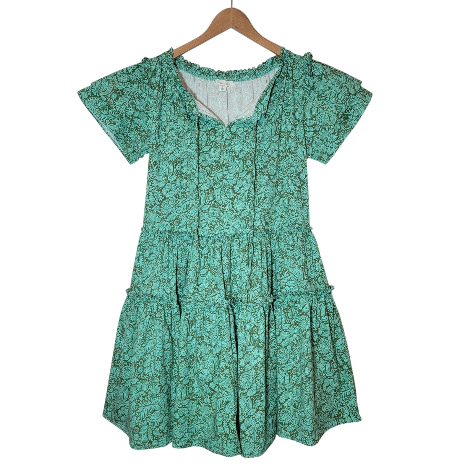 Sundance Liora Floral Leaf Cotton Tiered Ruffle Dress Short Sleeve Green S