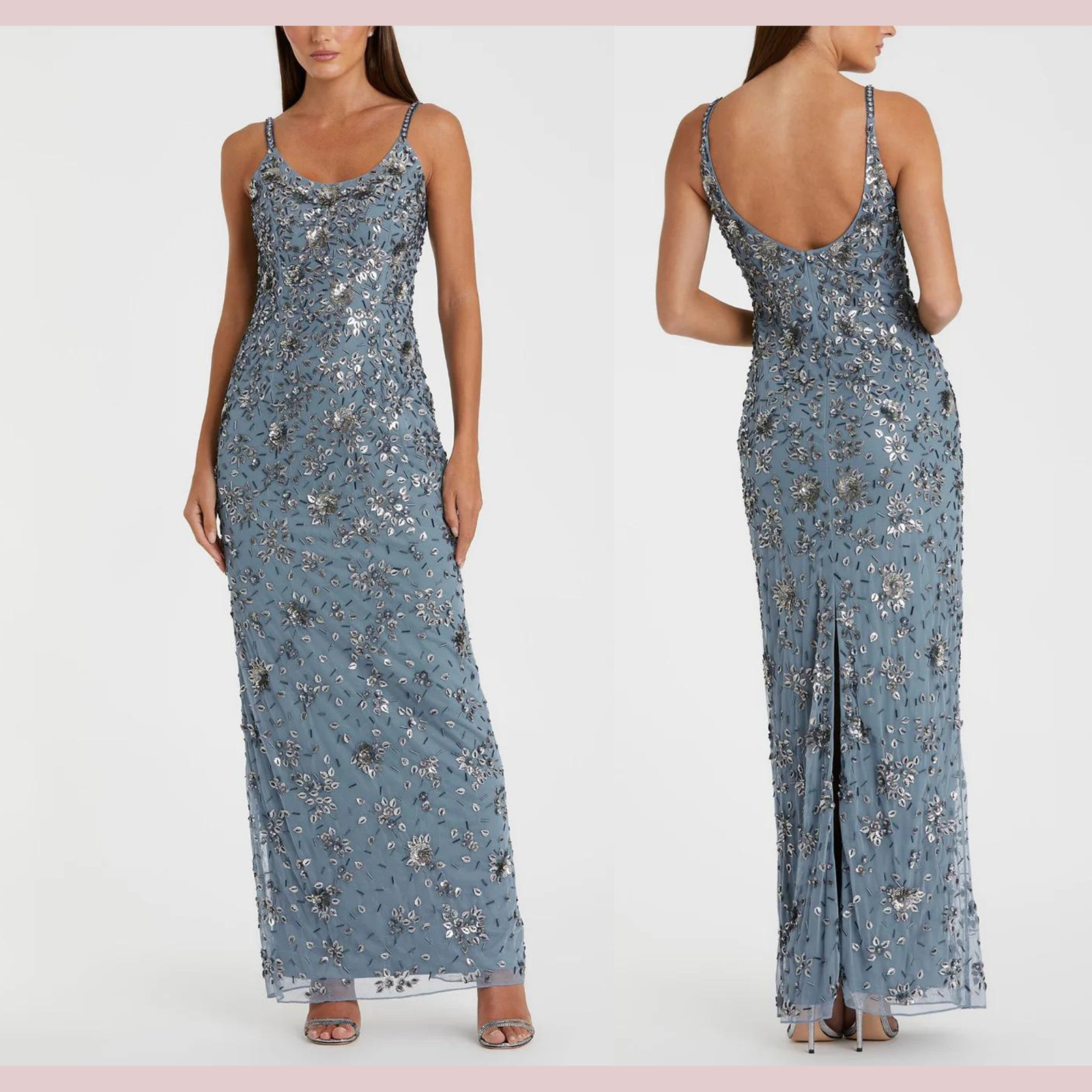 NWT Mac Duggal [ 10 ] 5477 Floral Embellished Scoop Neck Gown in Slate Grey #J43