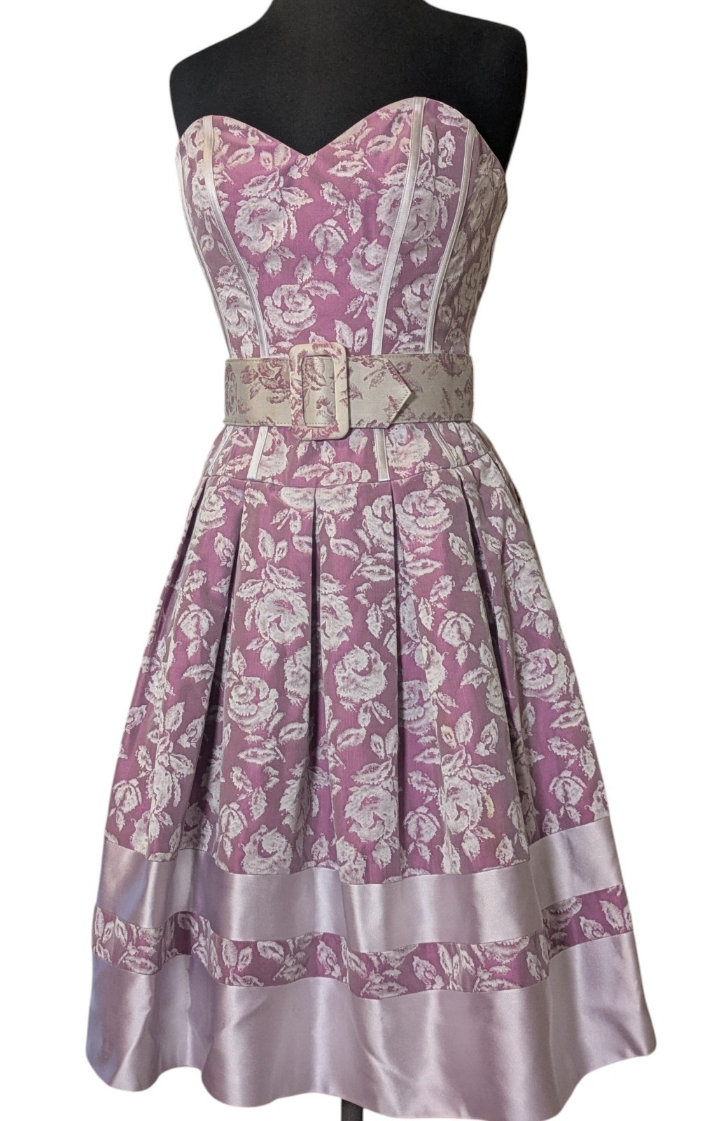 Badgley Mischka Women’s Size 2 Pink Floral Jacquard Fit & Flare Dress Belted
