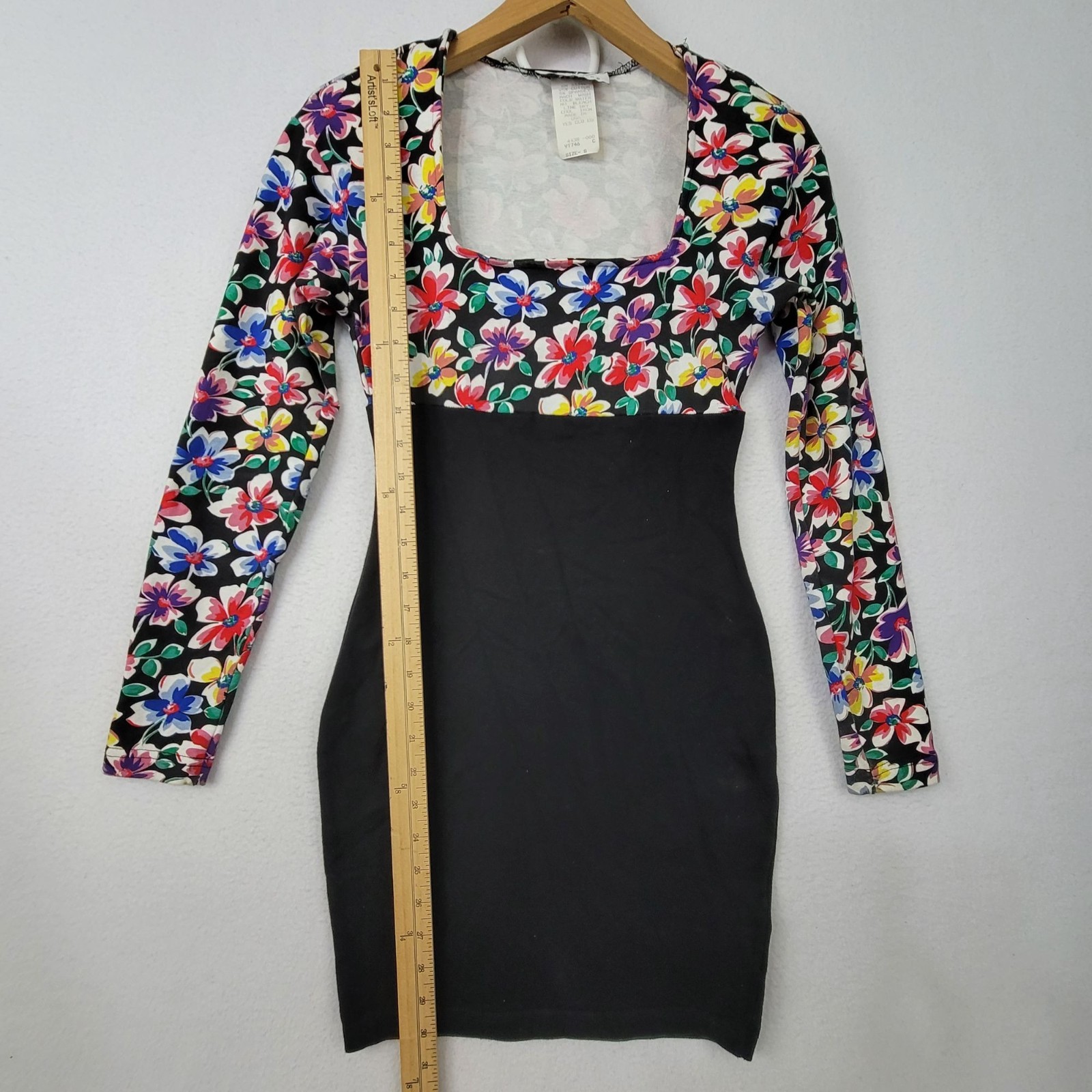 Yes Clothing Vintage Black & Floral Square Neck Long Sleeve Sheath Dress Small