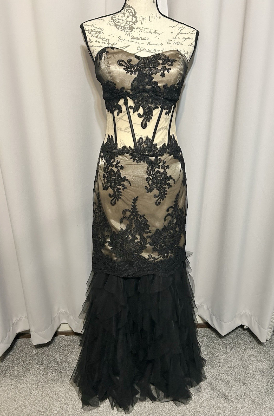 Mermaid Corset Lace Strapless Maxi Dress Sz 5 Black Fairy Whimsigoth Witch Vamp