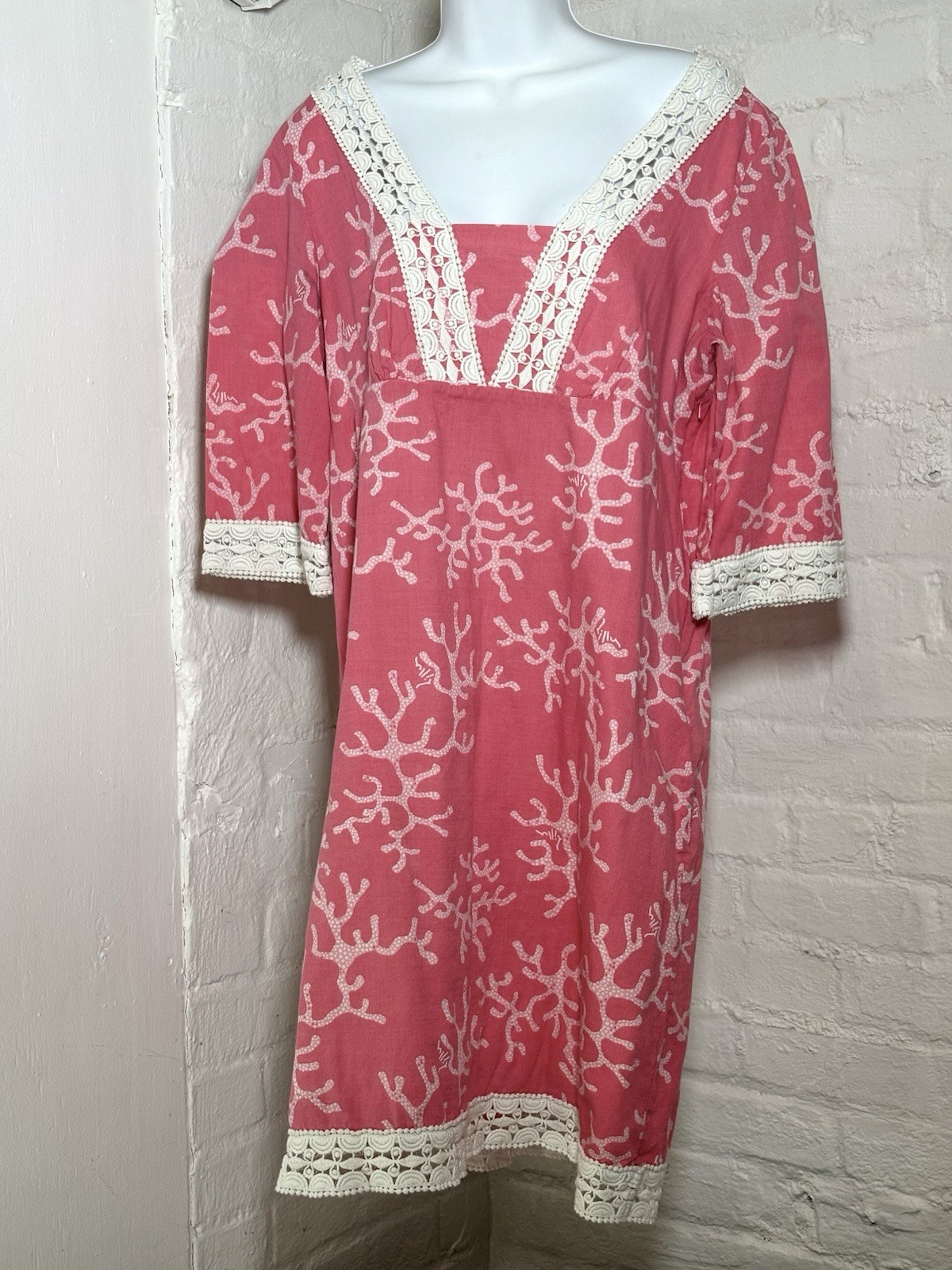 Lilly Pulitzer Coral Print Crochet Lace Trim Tunic Dress Womens Large Pink White