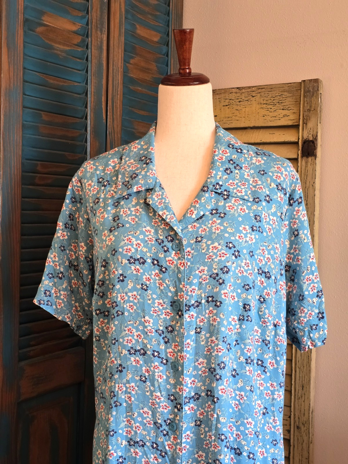 Denim & Co Ditsy Floral Full Button Front Rayon Maxi Dress 1X Blue Cottagecore