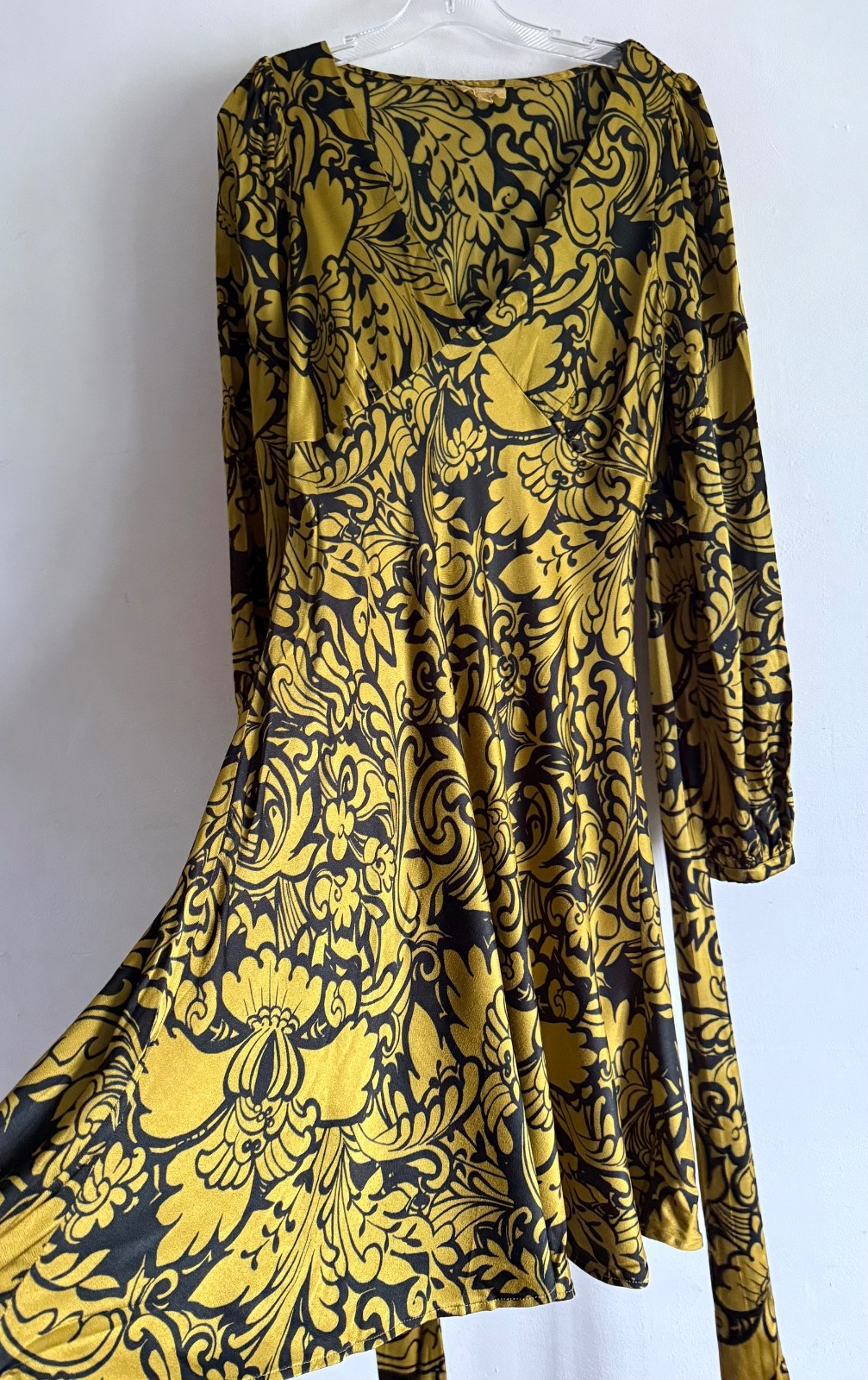 GHOST LONDON YELLOW & BLACK FLORAL PRINT LONG SLEEVES MIDI DRESS SIZE: LARGE