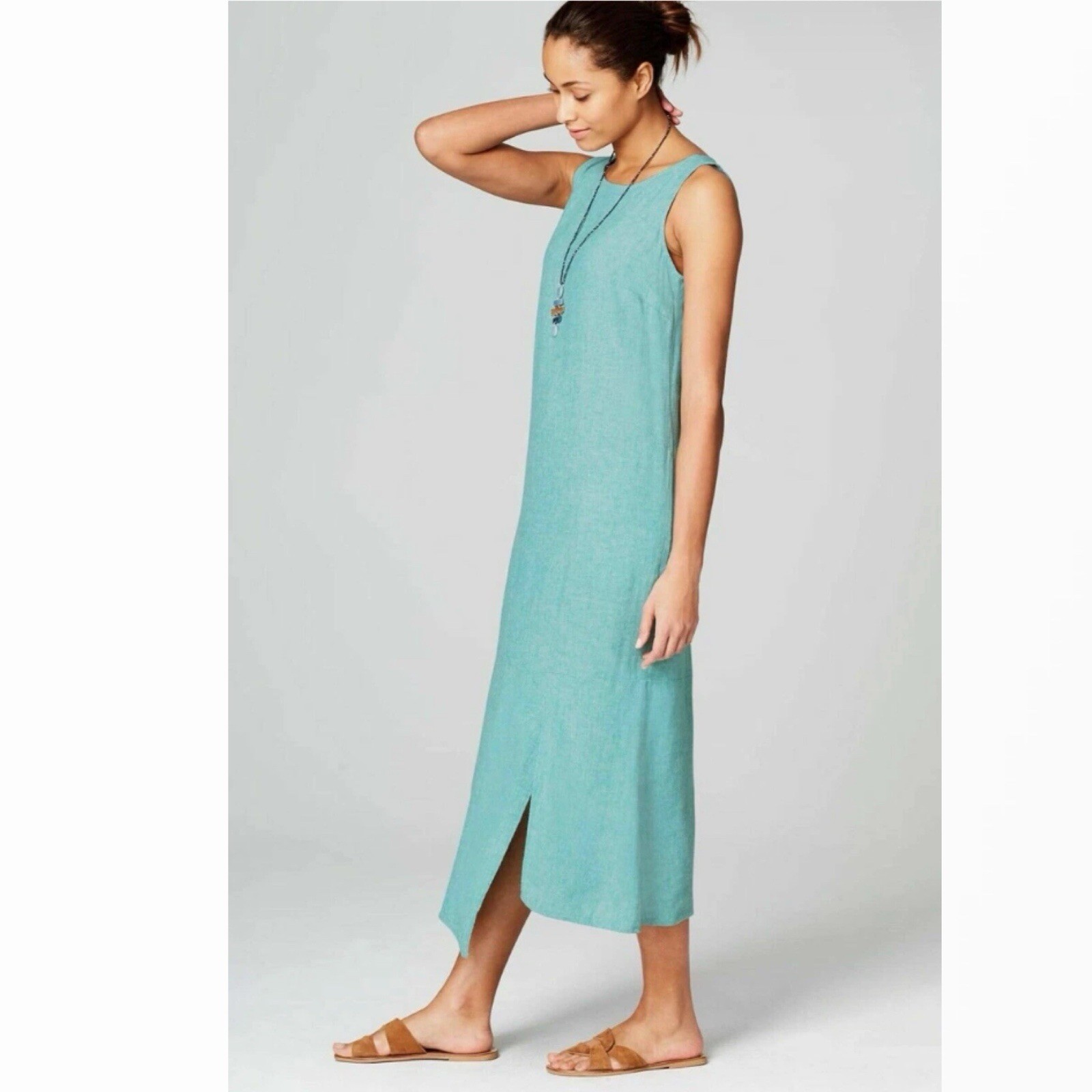 J.Jill Asymmetric Linen Blend Sleeveless Maxi Dress XL Tall Aqua Blue Resor