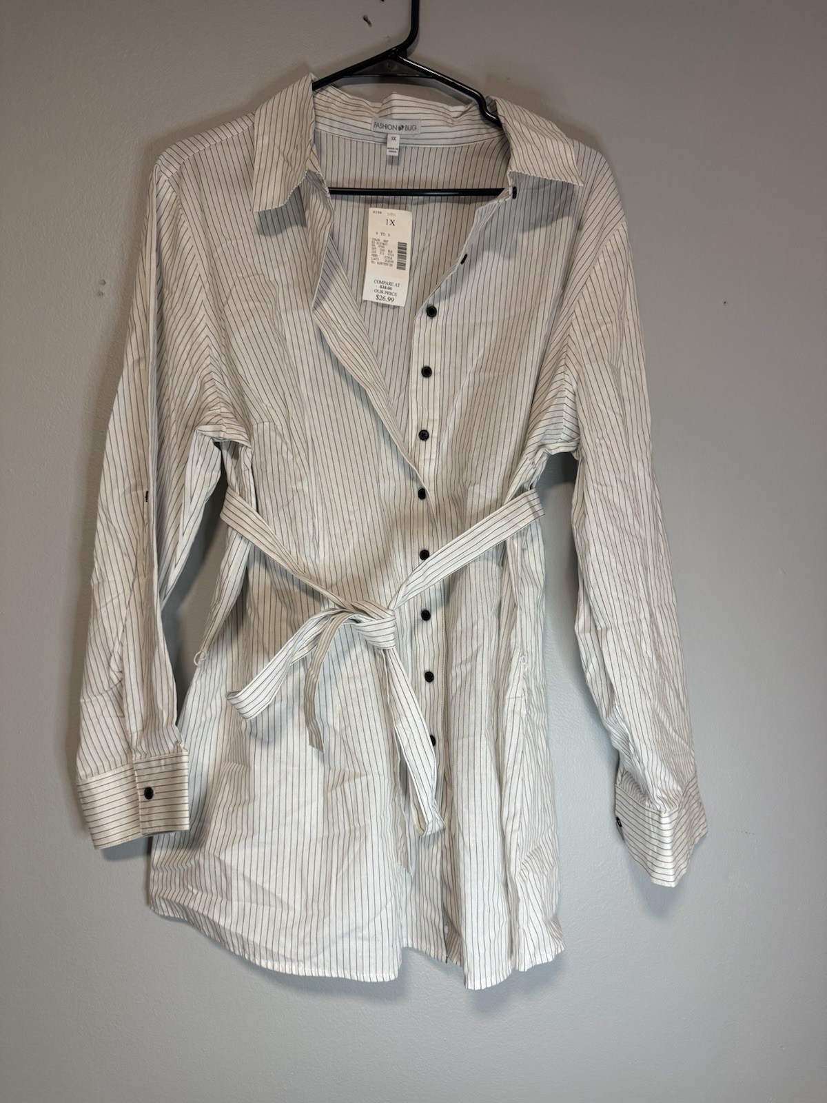 Fashion Bug 1X Plus White Black Striped Long Sleeve Shirt Dress Button Tie Waist