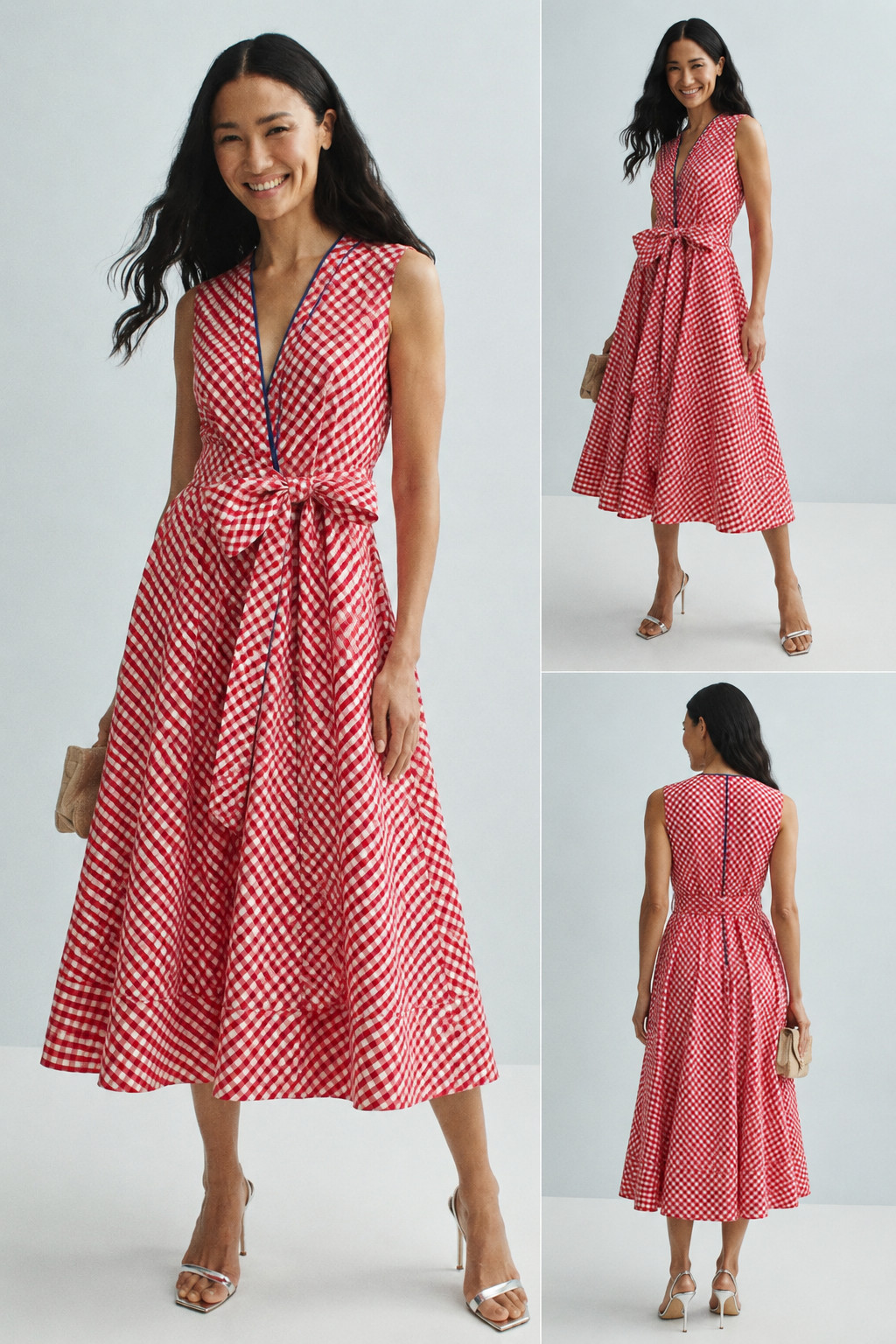 Badgley Mischka Red White Gingham Midi Dress Tie Waist Fit & Flare Cotton NWT