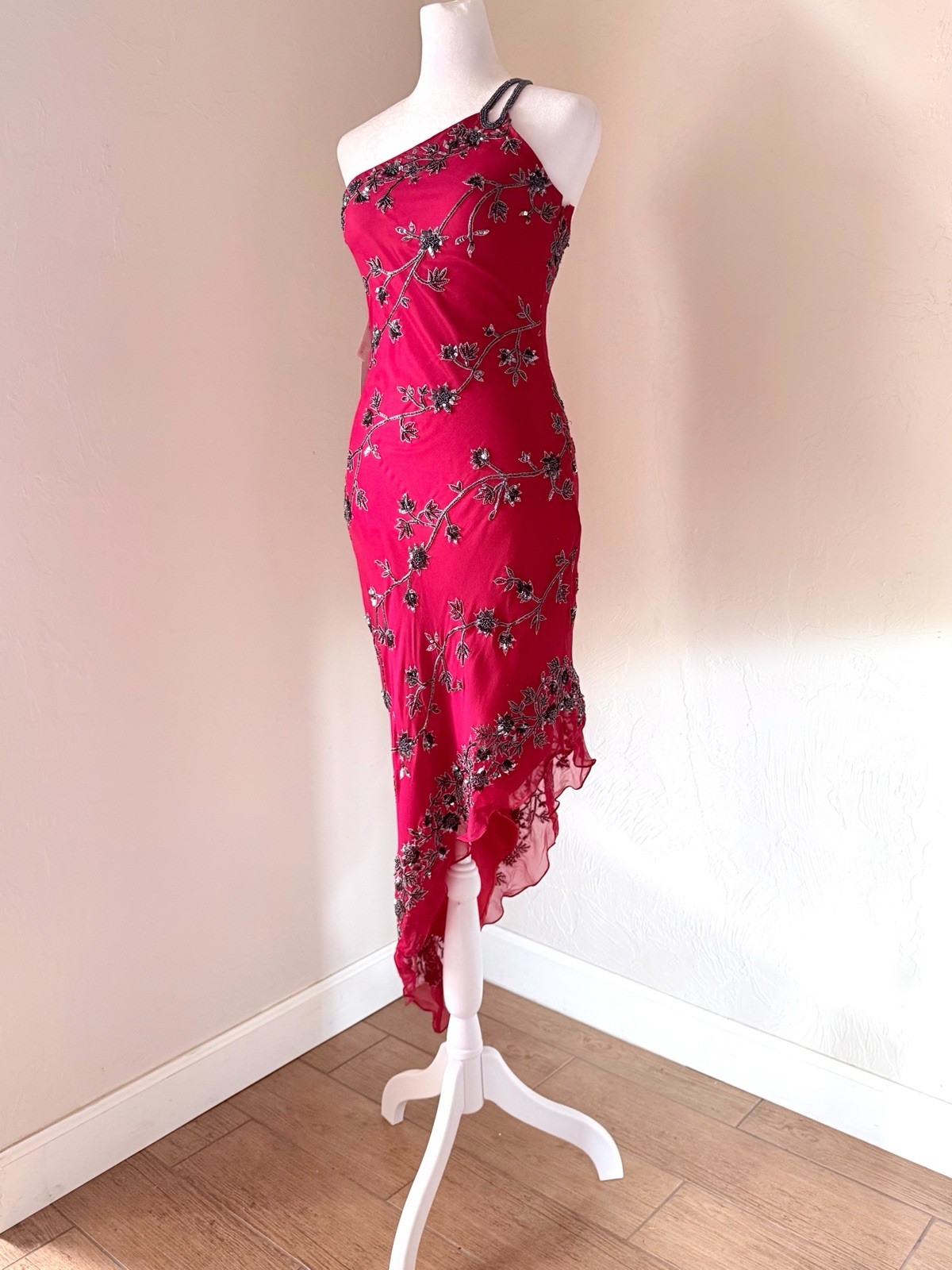 NWT Vintage Scala 1990s Red Silk One Shoulder Beaded Asymmetrical Midi Dress S