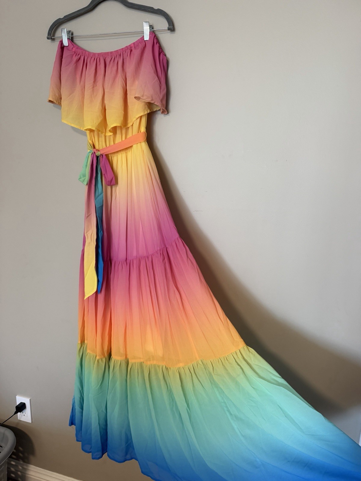 Vici Multicolor Ombre Off Shoulder Chiffon Maxi Dress Pullover Tie Belt S