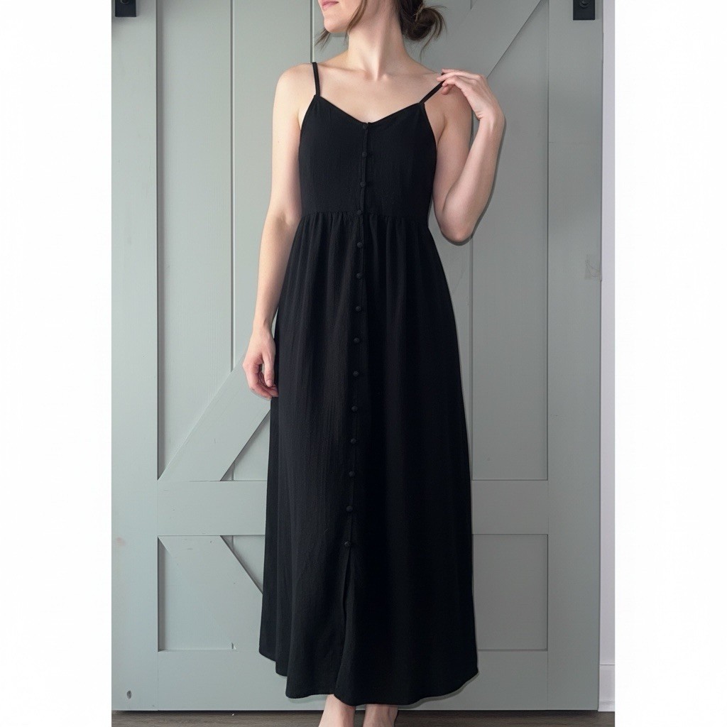 Universal Thread Black Solid Cotton Woven V-Neck Button Front Maxi Dress S