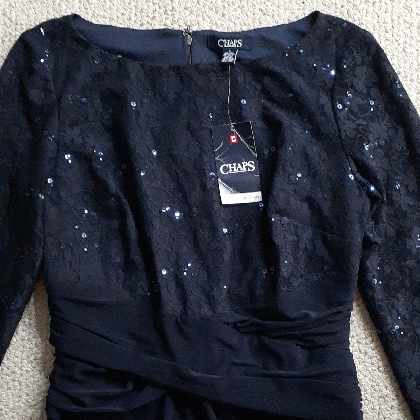 Chaps Navy Blue Lace Sequin Sheath Dress Knee Length Boat Neck Long Sleeve 8