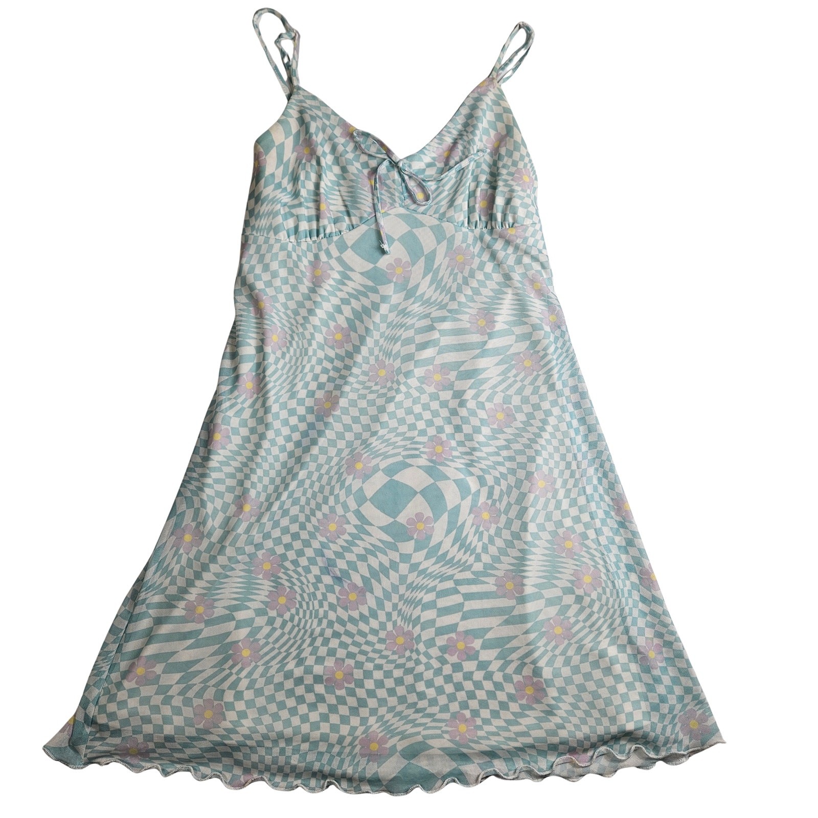 Forever 21 Dress Small S Blue White Warped Checkered Floral Optical Illusion Y2K
