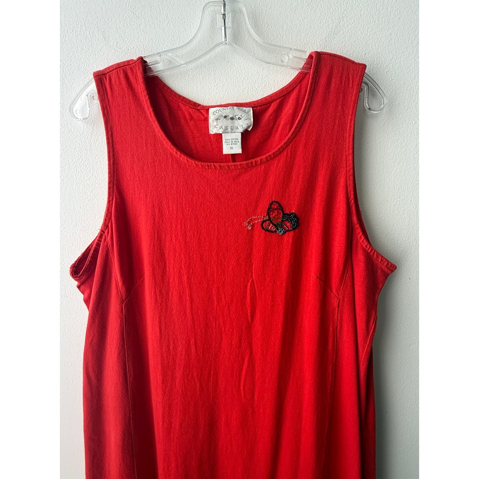 Vintage 90s Red Beaded Butterfly Maxi Dress Beach Coverup Coastal Grandma Top XL