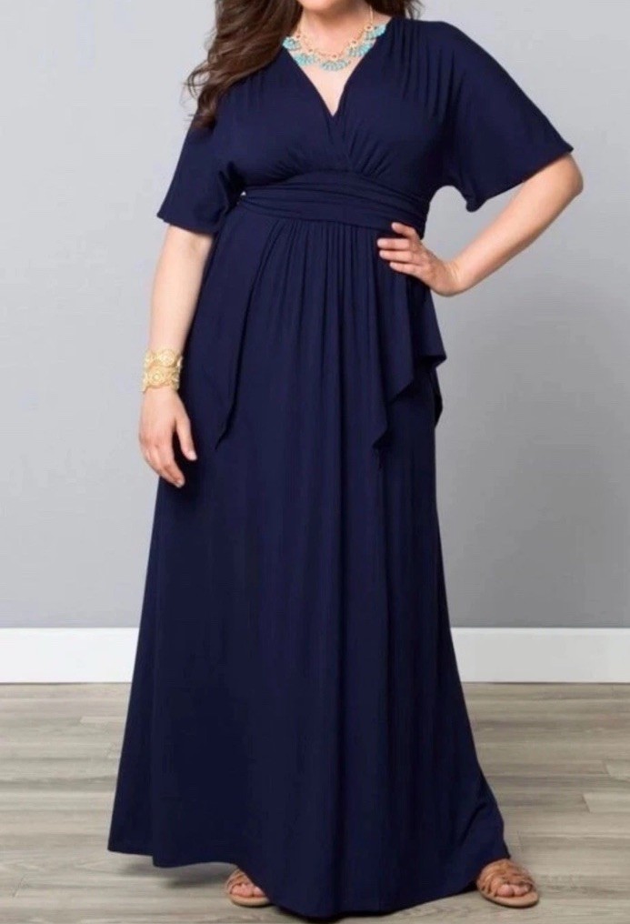 Kiyonna Dress Navy Blue Indie Flair Style 2X Maxi Kimono Sleeve Slimming Stretch