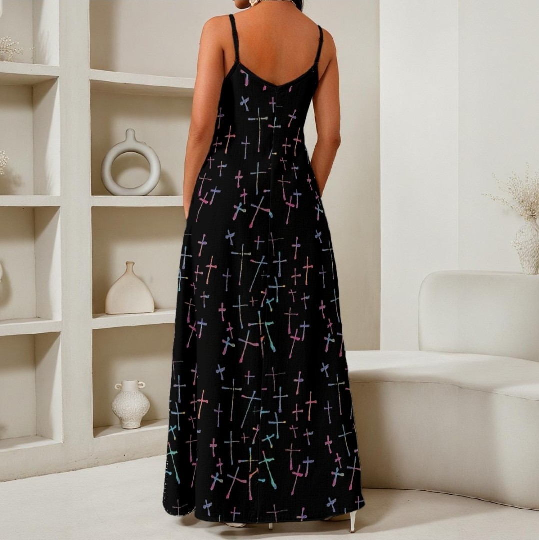 Black Multicolor Geometric V-Neck Spaghetti Strap Maxi Dress Pullover Size L