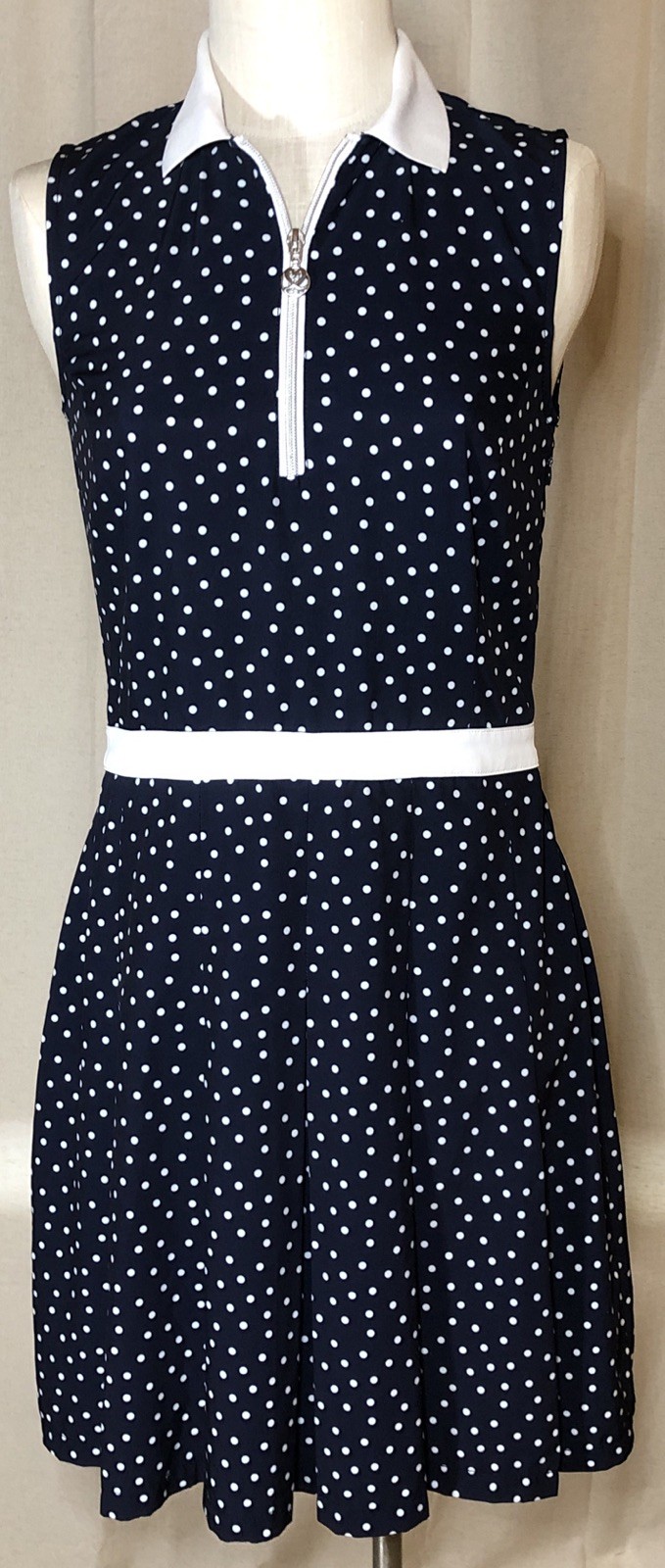 DAILY SPORTS Size Small Eileen Sleeveless Collared DRESS Navy w/ White Dots