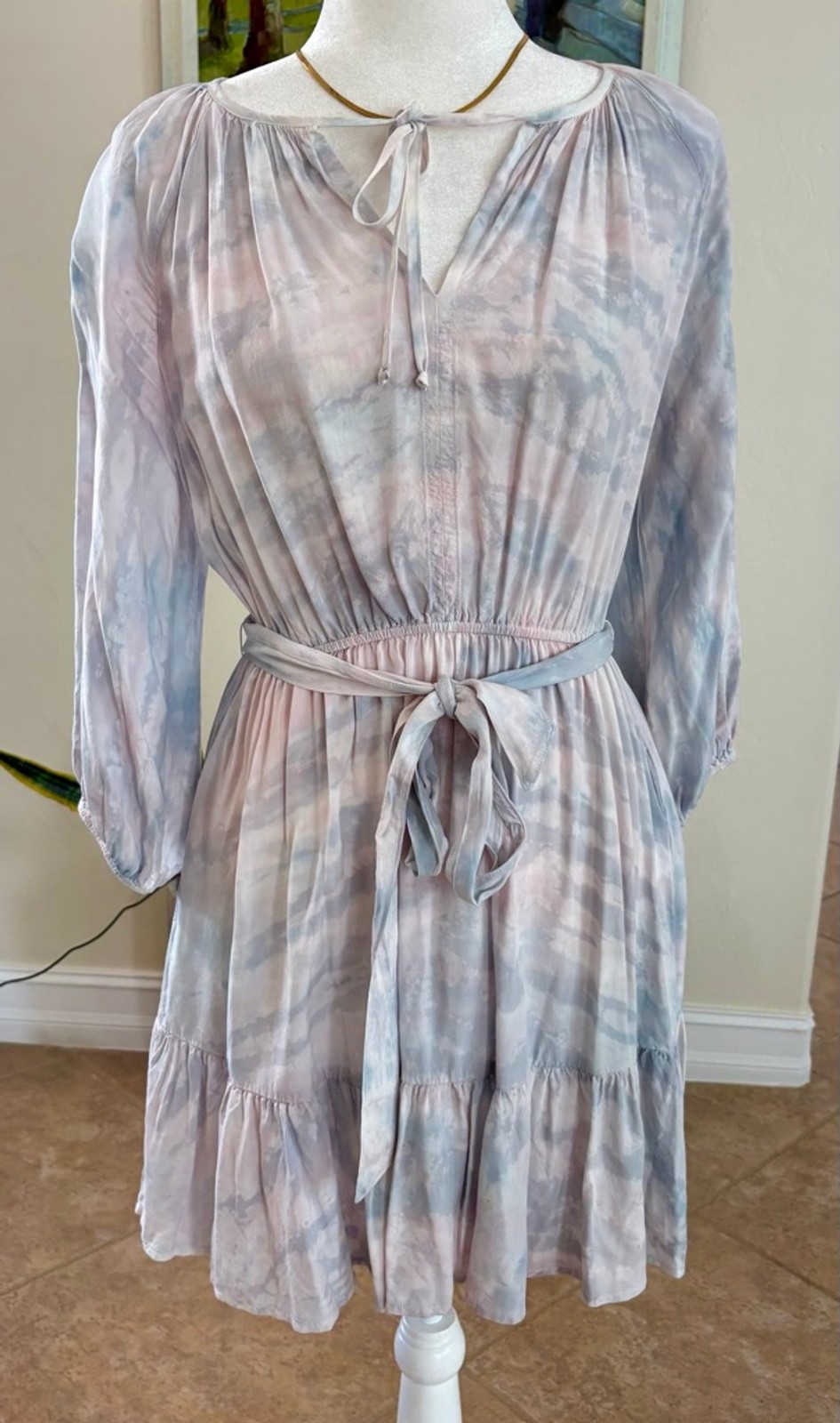 RIVER + SKY Long Sleeve Dress S Blue Pink Tie-Dye, lightweight flowy fabric belt