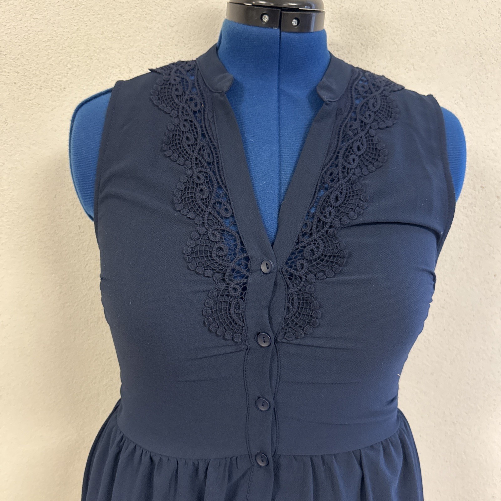 Francescas Dina Be Dress Navy Blue Lace Polyester Nylon Buttons Small Sleeveless