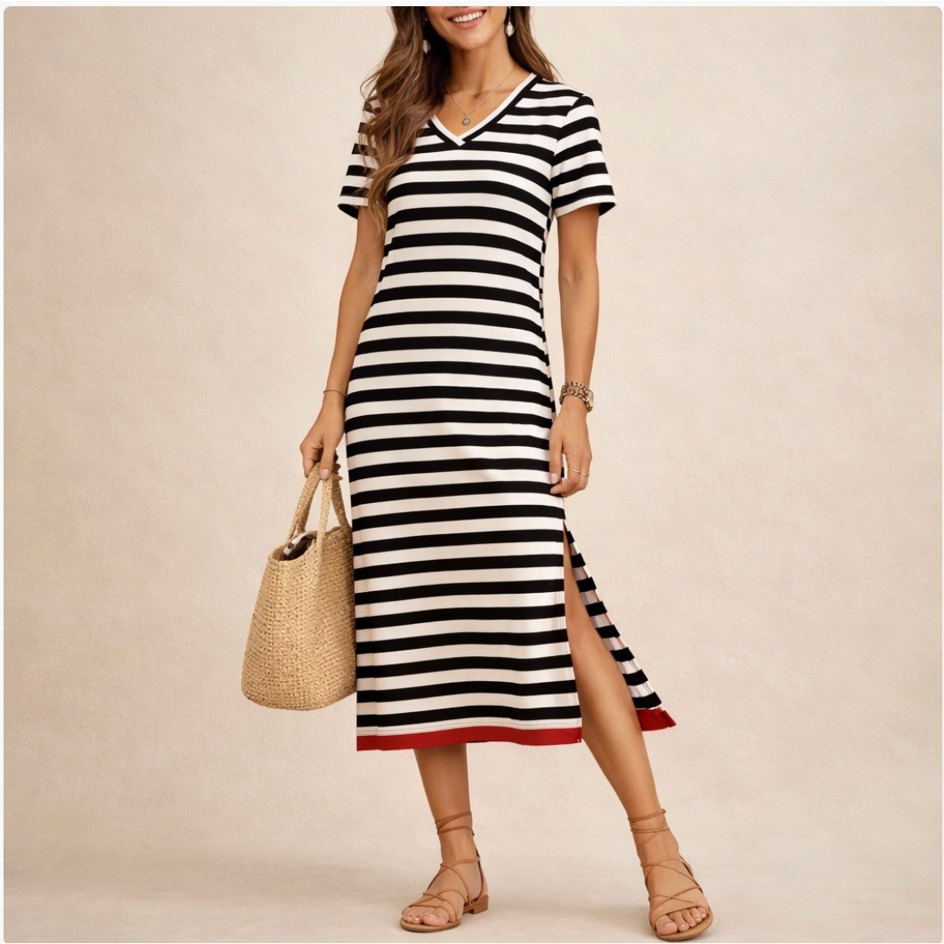 Dokotoo Black White Striped Midi T-Shirt Dress Side Slit Pockets Coastal Size M