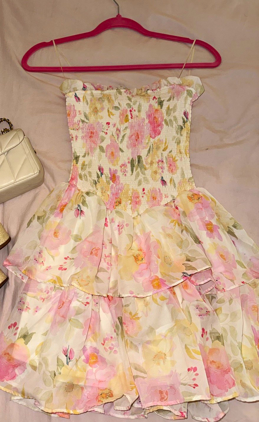 Windsor Women’s Strapless Smocked Floral Tiered Ruffle Mini Dress Size S