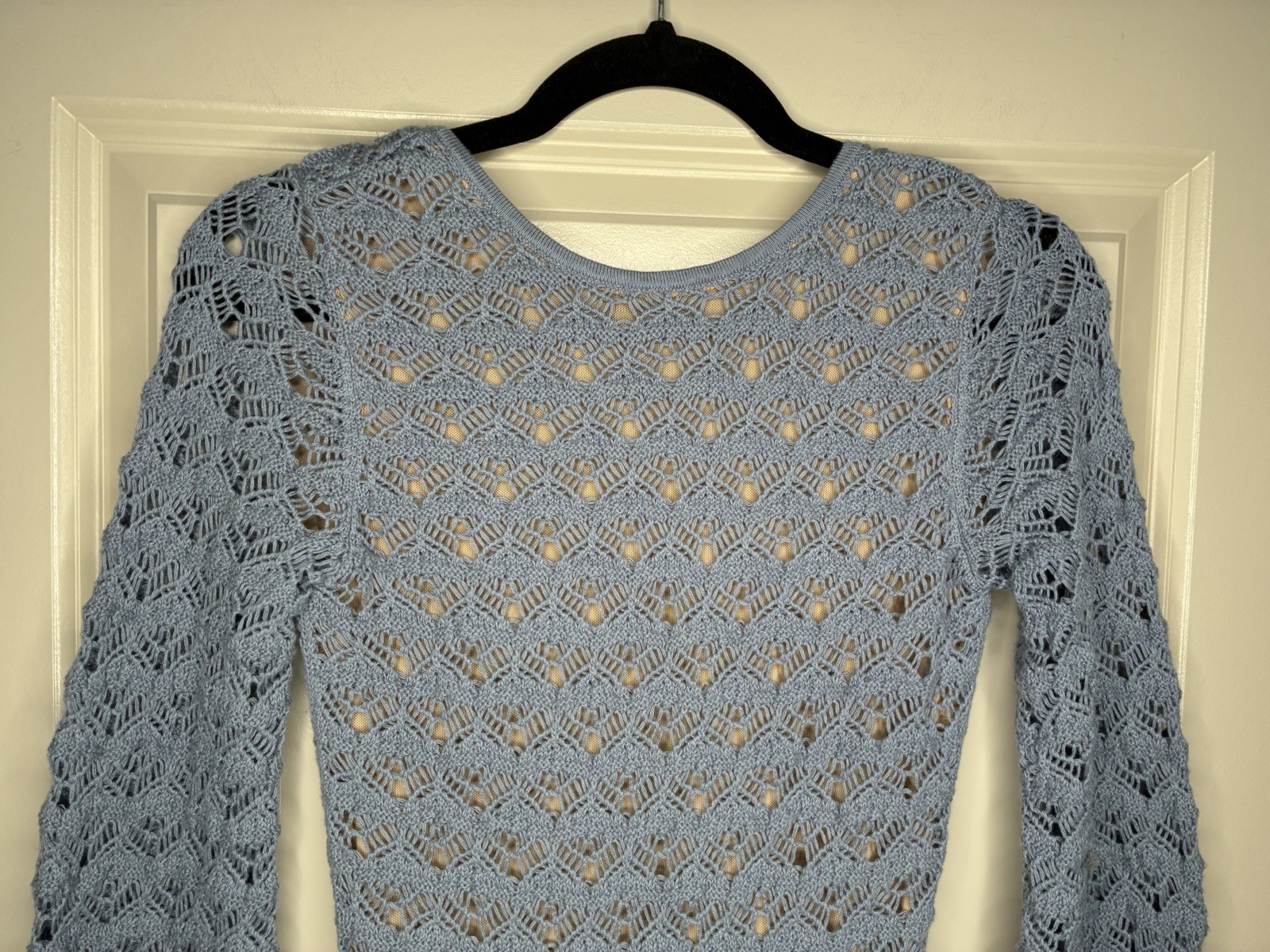 Meshki NWT Aileen Ruffle Crochet Mini Dress in Steel Blue Size XS Longsleeve