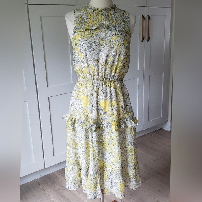 Monteau Rayon Dress Womens Small Yellow Floral Midi Tiered Ruffle Mock Neck