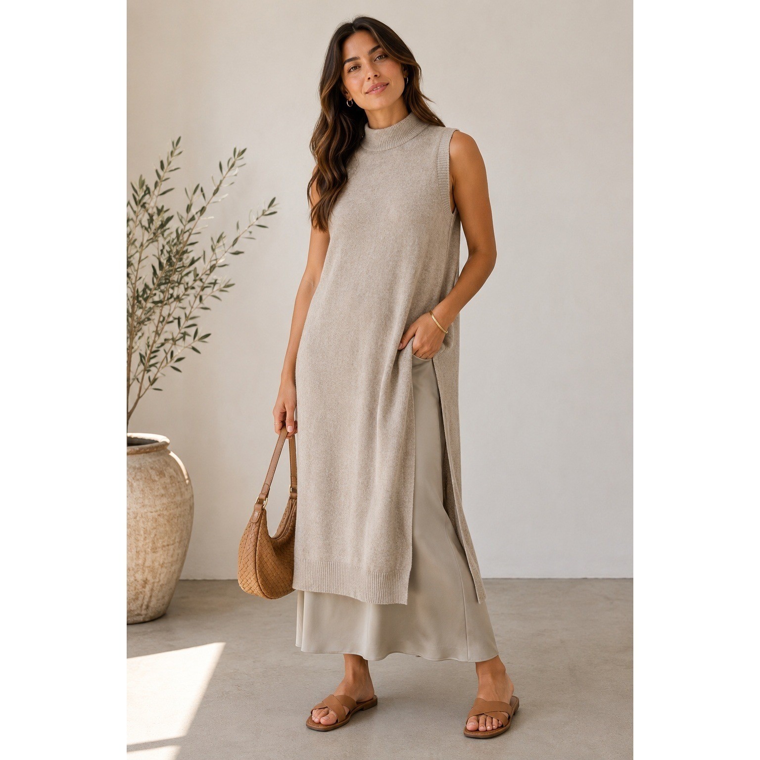 JOSEPH Wool Cashmere Silk Layered Sweater Dress Beige Lagenlook Minimalist Sz S