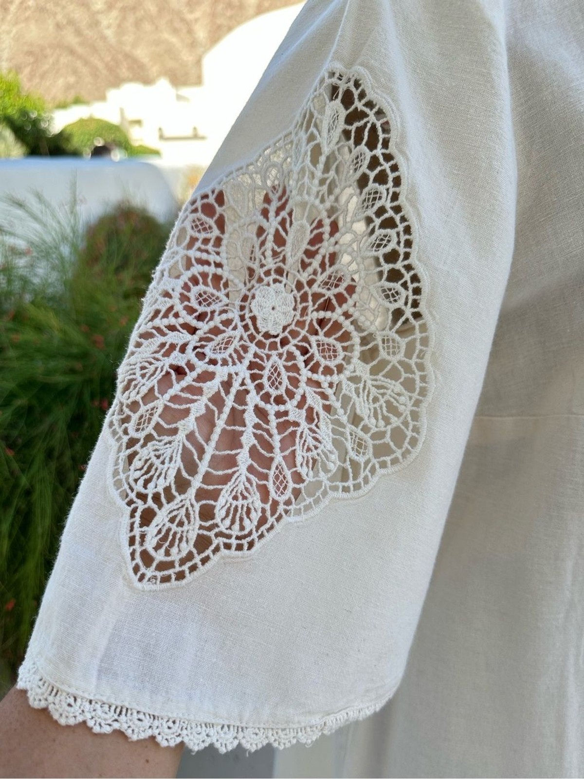 Mango Cream Crochet Appliqué Shift Cotton Linen Blend Dress