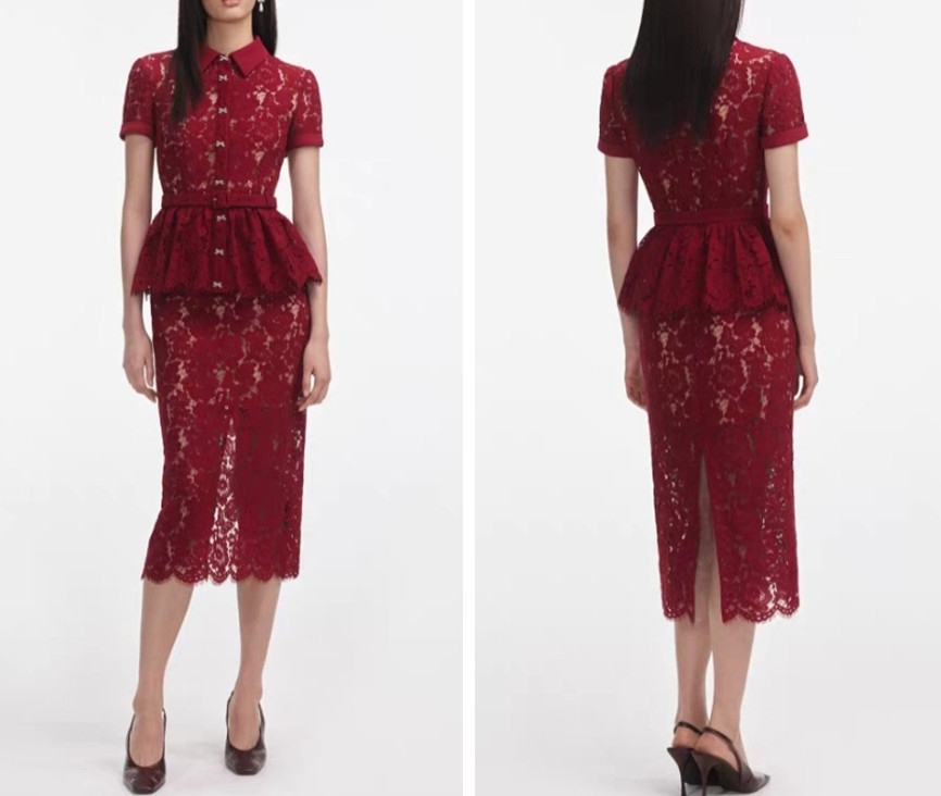Women Self-Portrait Red Lace Collared Short Sleeve A-line Midi Dress