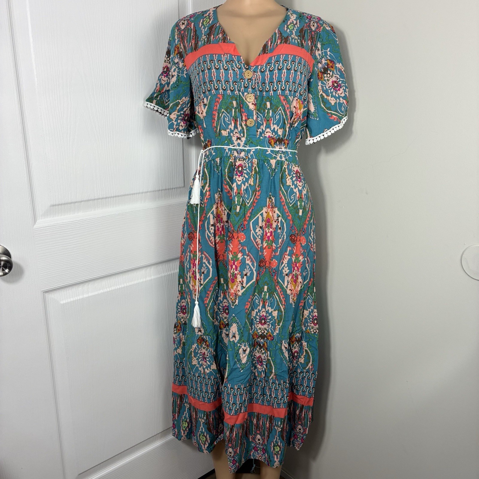 Midi Dress Size S Button Front V-neck Bohemian Crochet Aqua Floral Tassel Tie