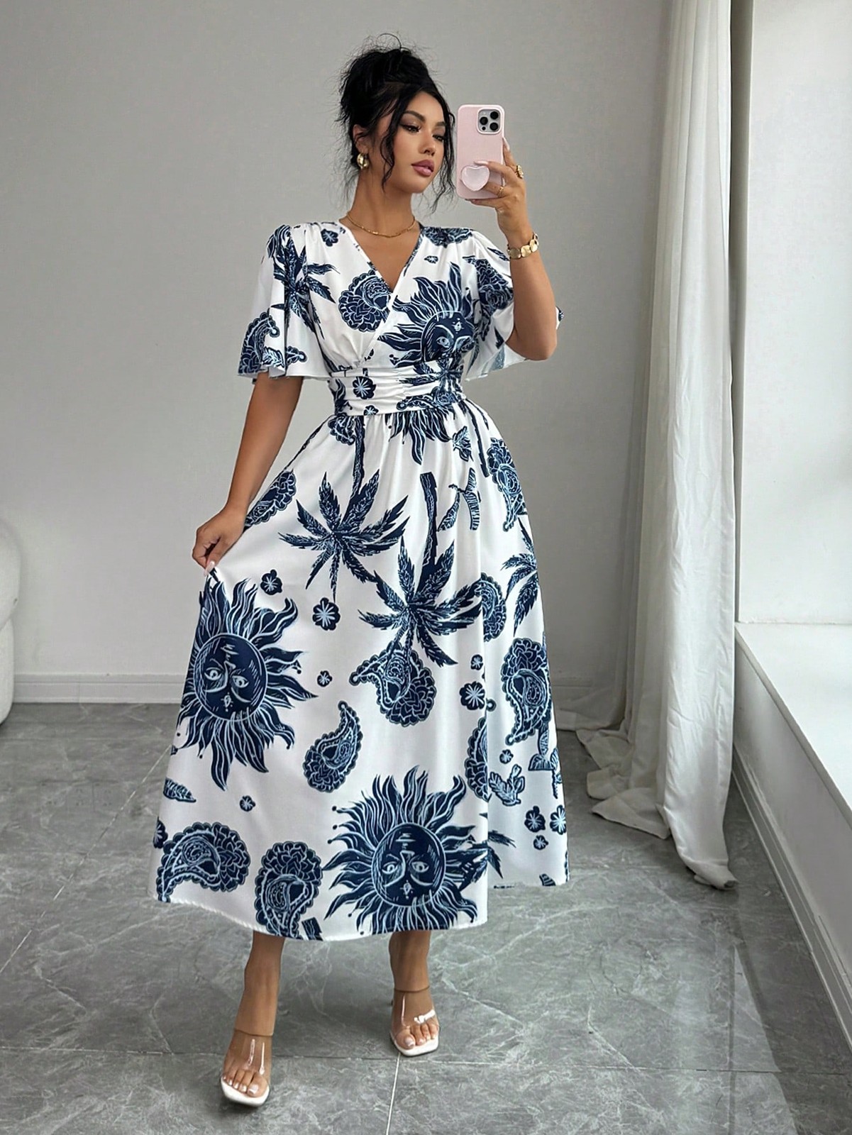 Elegant Polka Dot Pattern V Neck Midi Dress