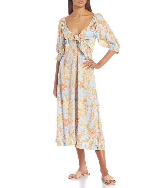 Roxy Evening Delight Midi Dress Size S Floral Tropical Beach Hawaiian New