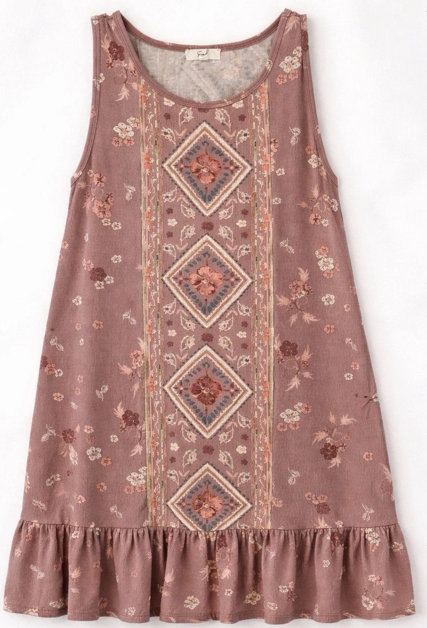 Easel LA Tunic Dress Small Stretch Poly Spandex Floral Ruffle Hem Boho