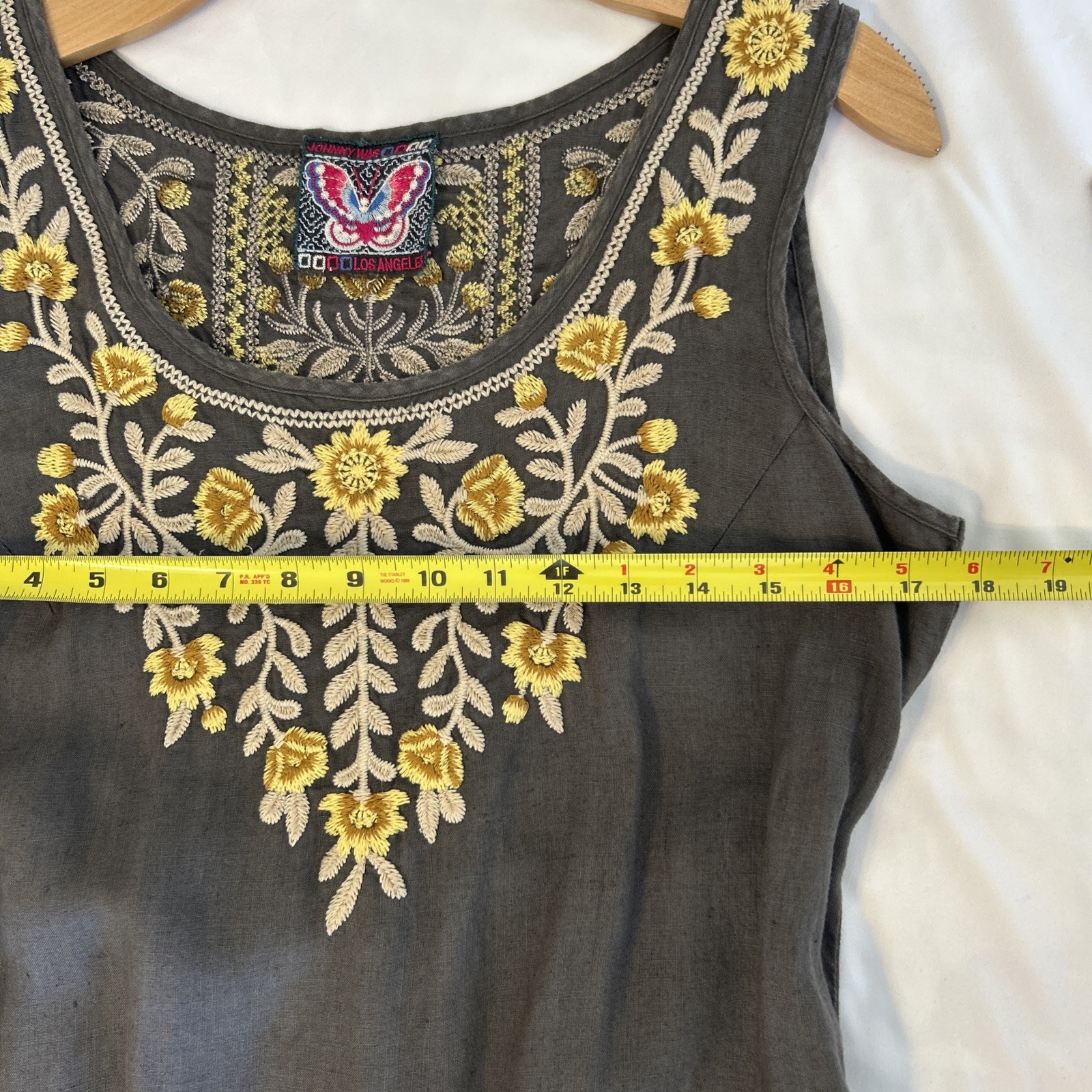 Johnny Was Embroidered Linen Tunic Dress Womens S Gray Floral Boho Sleeveless