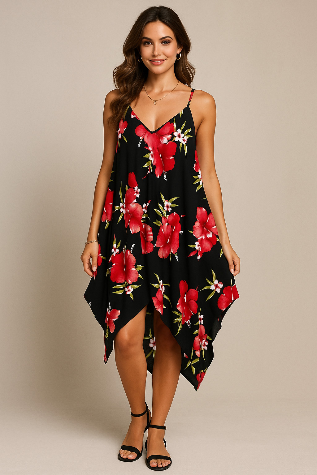 Vintaeg Aloha Fashion Dress Women OS Black Hibiscus Floral Flowy Hawaiian Resort