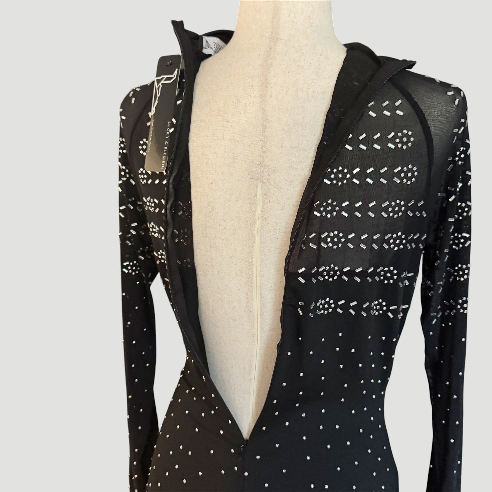 L&B Black Rhinestone Mesh Bodycon Mini Dress Western Glam M Festival Vegas NWT